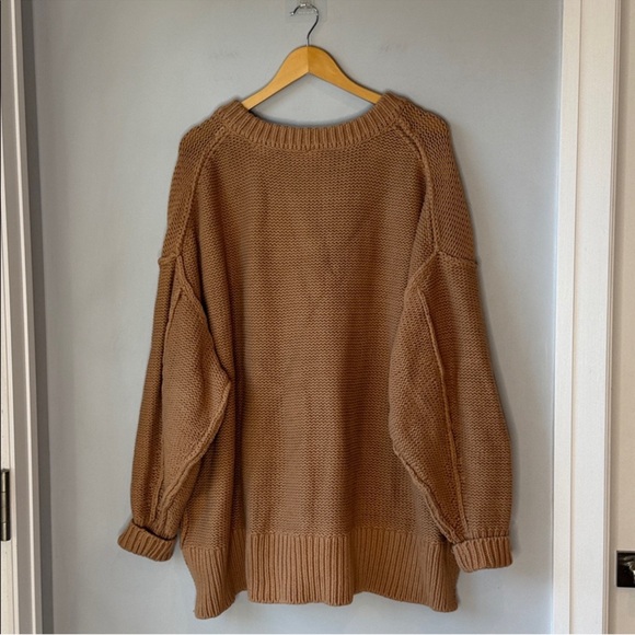 Free People Oversized Slub Alli V Neck Sweater Camel Medium Slouchy - Picture 4 of 9